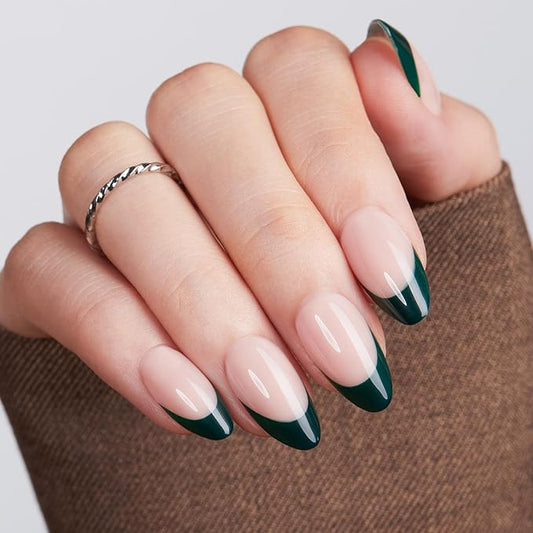 Modelones Green French Tip Press on Nails Almond, Short Almond Fake Nails, Nail Kit with Nail Glue Adhesive Tabs Mini Nail File, Nails Press Ons 32Pcs16 Sizes, Women Girl Gift