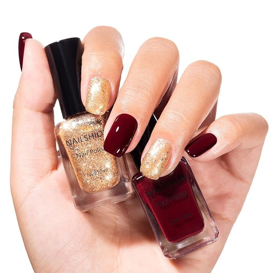 Nailshion Deep Red Wine Nail Polish Set, Burgundy Fast Air Dry Fall Winter Nail Polish Duo, Opaque Dark Red, Non-Gel, Crème, Toxic-free Long Lasting Glossy Nails Art for Home DIY Manicure Gift