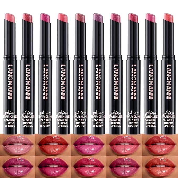 Jolilab 10 Colors Shimmer Lipstick Set, Fine Subtle Glitter, Long-Wearing & Moisturizing, Assorted Daily Wear Shades, Great Gift for Makeup Lovers（Shiny SetA