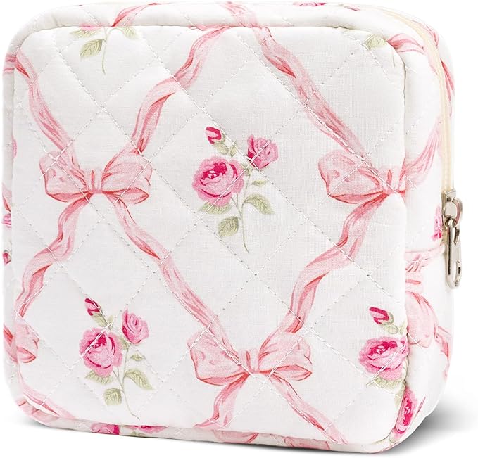 Small Makeup Bag for Purse,Quilted Cosmetic Pouch, Mini Make up Bags with Compartments Inside, Cute Cosmetic Organizer for Women, Travel Toiletry Bag