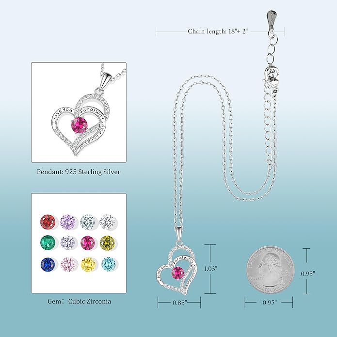 LynChoe Birthday Gifts Double Heart Birthstone Necklace for Women, S925 Sterling Silver Pendant Necklace Jewelry for Her Mother Mom Wife Girlfriend