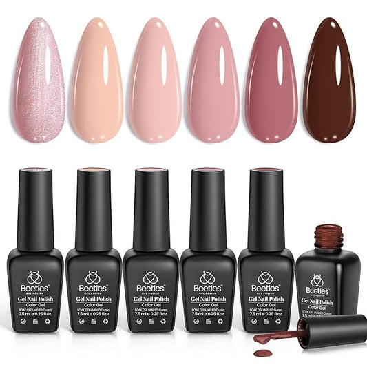 beetles Nude Gel Polish - Nude Symphony 6 Colors Polish Set, Neutral Pink Brown Glitter Skintone Gel Nail Fall Colors, Soak off Uv Led Lamp Needed Nail Art Design Home Diy Gifts For Women
