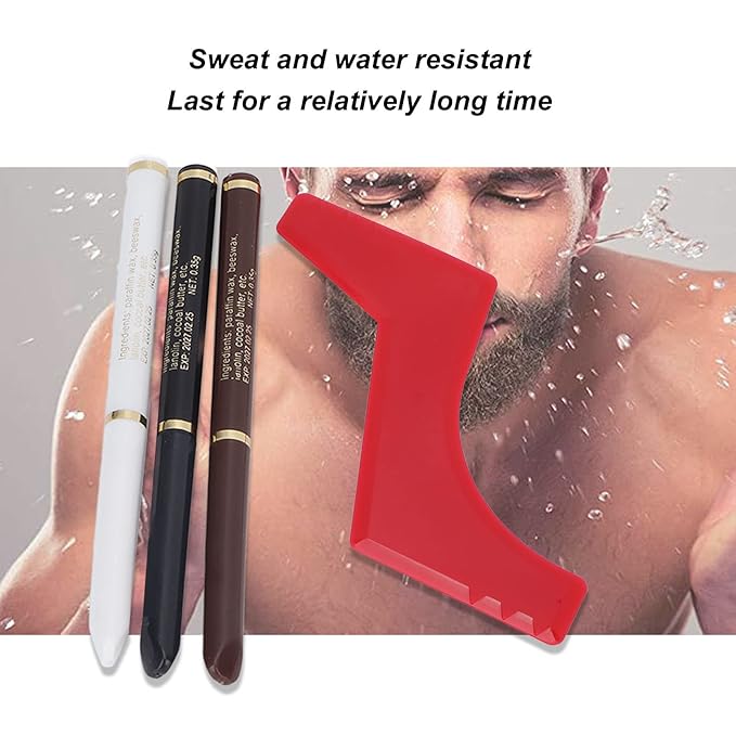 Beard Pencil Filler Set water proof Sweatproof Beard Shaping Tool Stencil Template for Men with 3 Pencils and 1 Shaper Ergonomic Design Perfect Contour Red Color