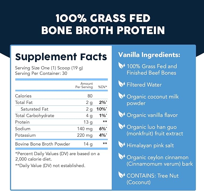 Paleovalley 100% Grass Fed Beef Bone Broth Protein Powder - Rich in Collagen Peptides for Hair, Skin, Gut Health, Bone and Joint Support - 13g Protein Per Serving - No Gluten or GMOs - Vanilla