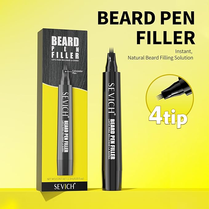 SEVICH Beard Pencil Filler for Men,Unique 4-Tip Beard Pen Resistant,Instantly Fills Sparse Areas & Covers Gaps,Waterproof & Sweat-Resistant,Natural Effects,Dark Brown,Natural Effects,Dark Brown