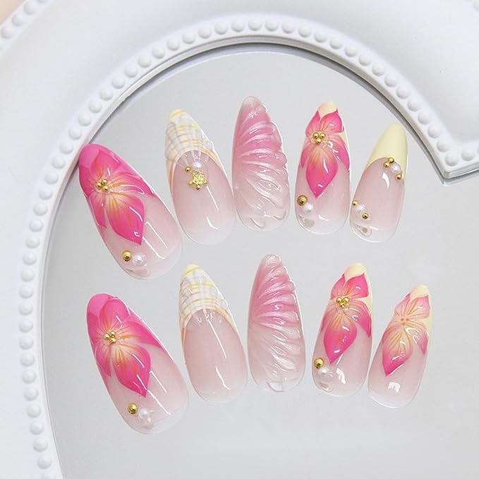 JONKASIPA 24 Pcs Medium Pressed Gel Nails Oval French Artificial Nails Pink Hawaiian Floral Acrylic Nails Full Coverage Women's Manicure Set With Gold Pearls