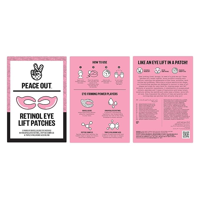 PEACE OUT Retinol Eye Lift Patches, 360° Biocellulose Eye Mask with Encapsulated Retinol & Peptides, Firming and Smoothing Eye Patches for Fine Lines, Wrinkles, 5 Pairs