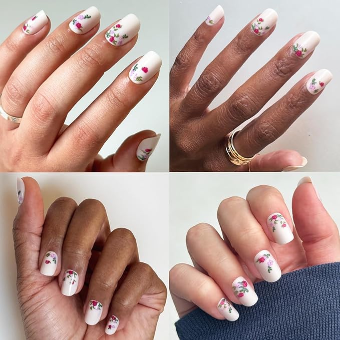 Olive & June Instant Mani Press-On Nails | (Glue) Short, Squoval 42 Fake Nails, 21 Sizes | Non-Toxic, Long-Lasting Recycled Materials Realistic Look | Salon-Quality at Home | Rose Bouquets