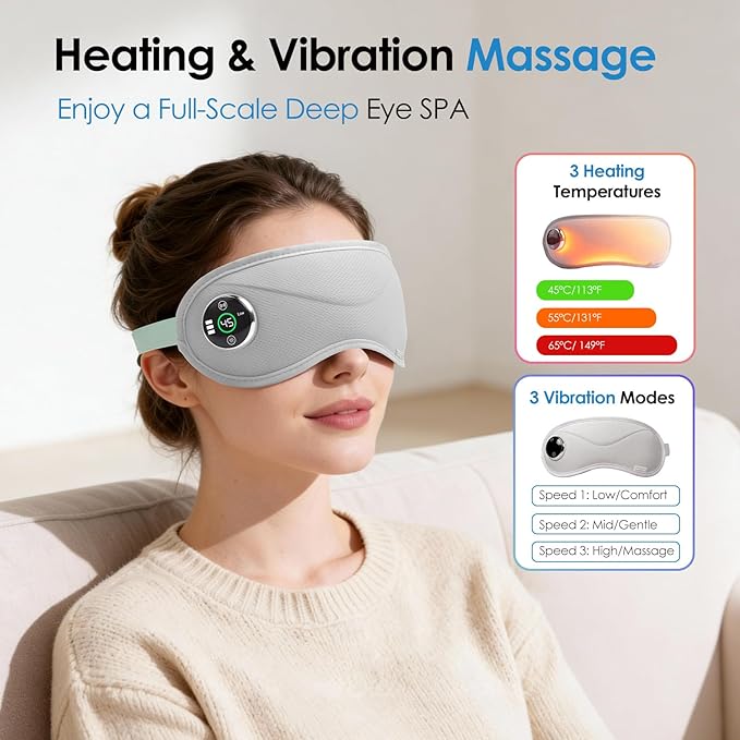 Heated Eye Mask with Massager, 3D Contoured Light-Blocking Sleep Mask for Dry Eyes, LED Display & 3-Level Heat/Vibration Modes,Gift for Men & Women, Ideal for Home, Office & Travel Use (Grey)