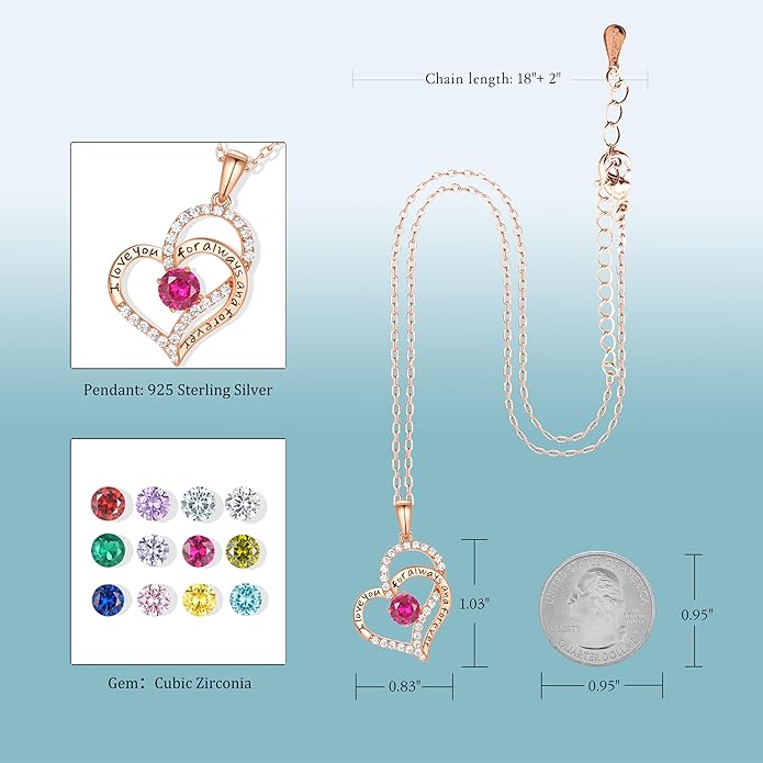 LynChoe Birthday Gifts Double Heart Birthstone Necklace for Women, S925 Sterling Silver Pendant Necklace Jewelry for Her Mother Mom Wife Girlfriend