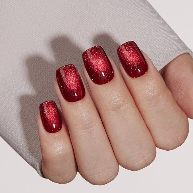 VSALON Press on Nails Short Square - Burgundy Red Cat Eye Glitter Fake Nails, Reusable Opaque Gel Magnetic Effect Fake Nails with Glue & Cuticle Oil - 32 PCS in 16 Sizes Valentines Gifts for Women