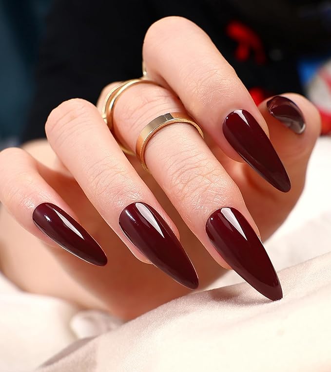 morily 24Pcs Wine Red Press on Nails Medium Length Stiletto False Nails Long Fake nails Glossy Acrylic Stick on Nails Solid Color Almond Full Cover Artificial Nails for Women (Wine Red)