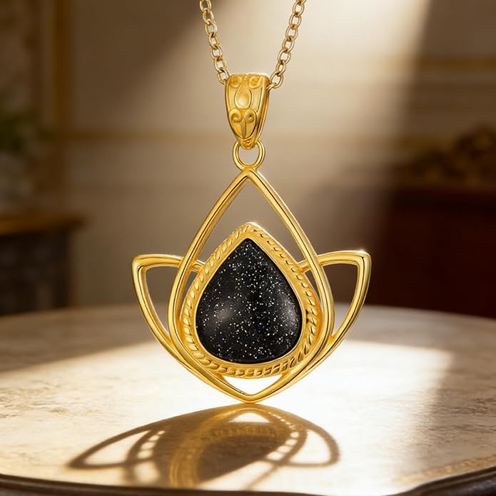 RYNSITO Blue Sandstone Necklace for Women 18+2 Inch Adjustable Chain Elegant Blue Sandstone Pendant Necklace Gift for Her Exquisite Jewelry
