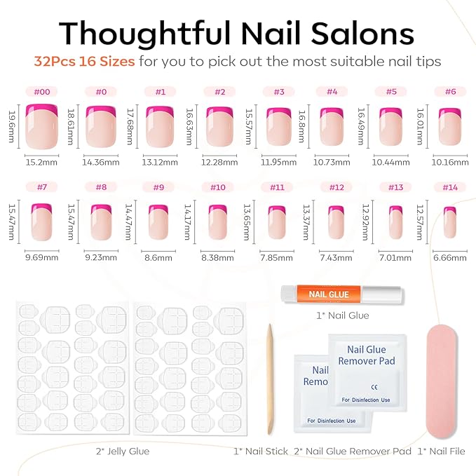 Modelones French Tip Press on Nails Short, Square Valentines Fake Nails, Reusable Nail Kit with Nail Glue Adhesive Tabs Mini Nail File, Nails Press Ons 32Pcs 16Sizes, Women Girl Gift, Hot Pink