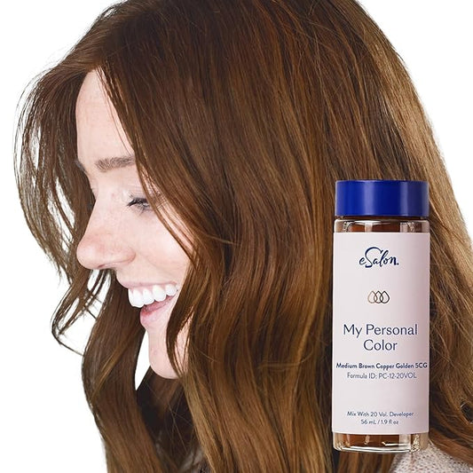 eSalon Permanent Hair Color & Hair Dye Kit - Medium Brown Copper Golden - Professional-Grade Personal Colorist for All Hair Types, Up To 100% Gray Coverage - Ammonia-Free