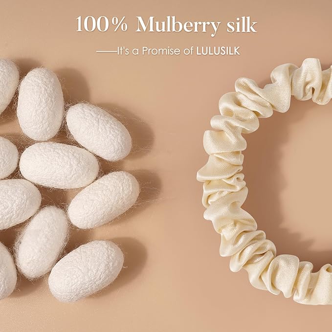 LULUSILK Small Silk Hair Ties No Damage, 100% Real Mulberry Silk, Skinny Scrunchies Ponytail Holders for Thin Fine Hair, Ivory, Pack of 3
