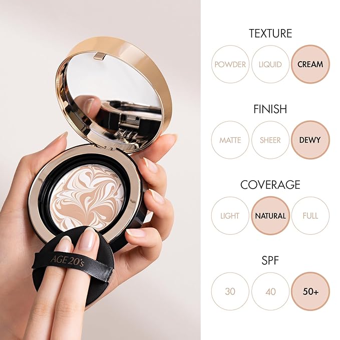 AGE20'S Signature Essence Pact SPF 50+ | Pack of 1 | 27C HONEY | Cream Foundation, Dewy Finish, Natural Coverage | Korean Cushion Foundation