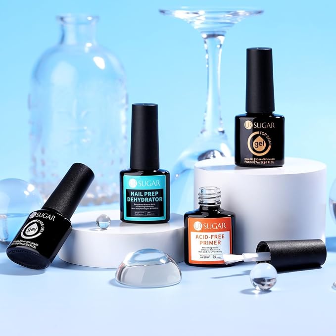 UR SUGAR 4 Pcs Nail Dehydrator Nail-Primer Base and Top Coat, Acid Free Natural Nail Prep Dehydrate & Bond Nail-Primer Kit, Glossy Surface Quick Drying Long Lasting and Easy to Apply