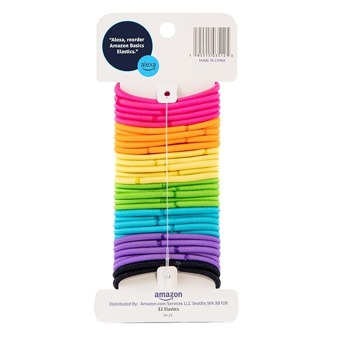 Amazon Basics No Damage Hair Elastics/Hair Ties - No Breakage, No Pain, No Pull, and No Metal parts. Tangle-Free Hold for all hair types. Bright Beautiful Colors, 32 Count, For All Hair Types.