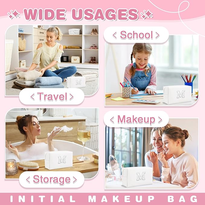 Bride Gifts – Personalized Initial Makeup Bag with Pearl Rhinestone Patch, Preppy White Monogram Cosmetic/Toiletry Pouch, bridesmaid Gifts, Bridal Shower Gifts, Wedding Gifts, Bridal Gifts,M