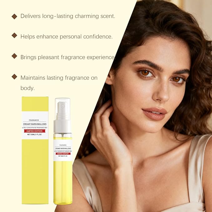 Creamy Marshmallow Fragrance Mist for Women, Sweet Vanilla Scented Body & Hair Spray, Long-Lasting Perfume Mist, Mood Boosting Gentle Formula, Travel Size Portable, 30ml
