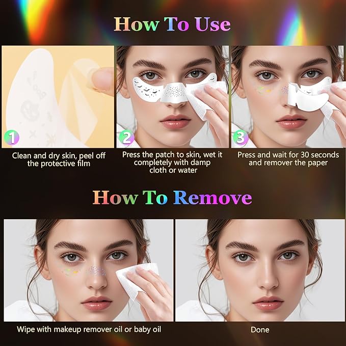 HyperFun 12Pcs Halloween Face Glitter Freckles, Glitter Freckles Face Tattoo Sticker, Holographic Multichrome Waterproof Sparkle Freckles Makeup Patches for Women Rave Festival Accessories Party Prom
