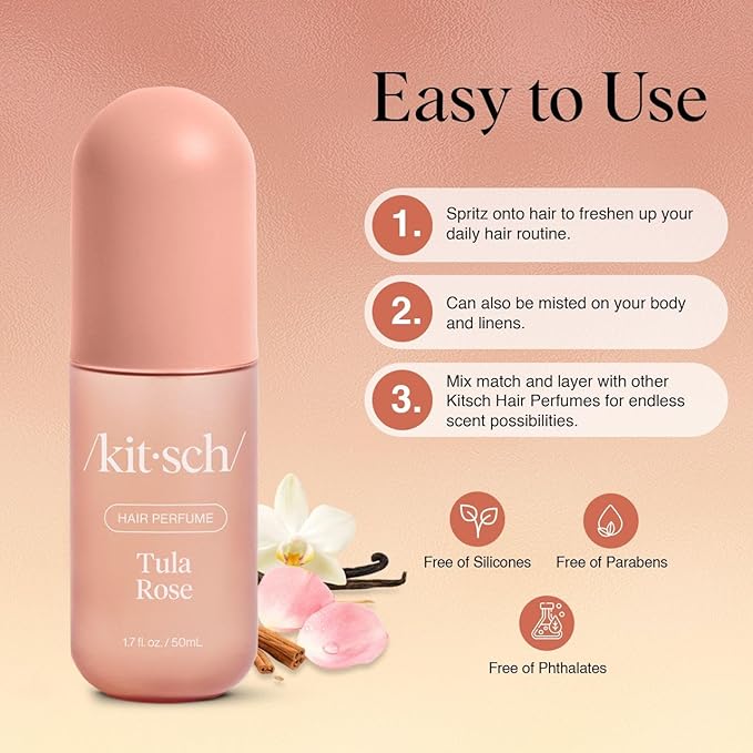 Kitsch Hair Perfume for Women - Tula Rose | Clean, Deodorizing & Patented Odor-Eliminating Technology Hair Spray & Body Mist - Freshen Hair, Body & Pillows - Floral Vanilla Scent – 50mL