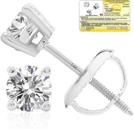 1/4-2 Carat IGI Certified Lab Grown Diamond Stud Earrings | Solitaire Real Diamonds Earring for Women in I-J Color & SI1-SI2 Clarity | 14K Gold Diamond Studs with Secure Backs by MAX + STONE
