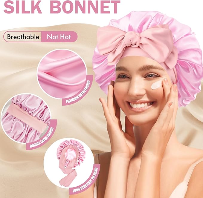 Silk Bonnet for Sleeping Women, Adjustable Soft Satin Lined Bonnet with Tie Band, Double Layer Sleep Night Cap