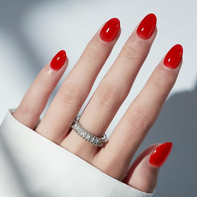 modelones Sheer Red Short Press on Nails, Semi-Transparent Oval Fake Nails Kit Press Ons with Nail Glue, Adhesive Tabs, Nail File, Prep Pad, Manicure Stick, 32Pcs 16 Sizes, Valentines