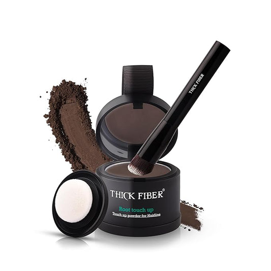 Thick Fiber Root Touch Up Powder, Medium Brown - Water & Sweat Resistant Hair Loss Concealer Set with Brush for Thin Hairlines and Gray Root Coverage