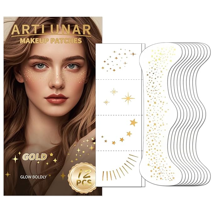 Artlunar 12Pcs Valentine's Mardi Gras Gold Makeup Patches - Body Glitter Stickers for Face and Body, Perfect for Festivals Parties (Gold), Gifts for Women and Girls.