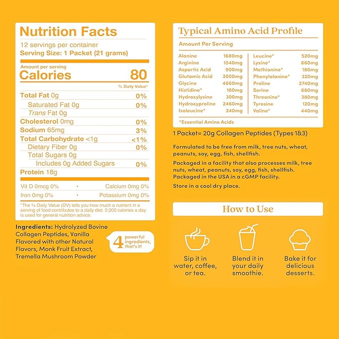 Further Food Vanilla Collagen Peptides Powder, 12 Stick Packs – 100% Grass-Fed, Hydrolyzed Type 1 & 3, 20g of Collagen per Serving, Supports Skin, Hair, Nails & Joints, 8.89 Oz