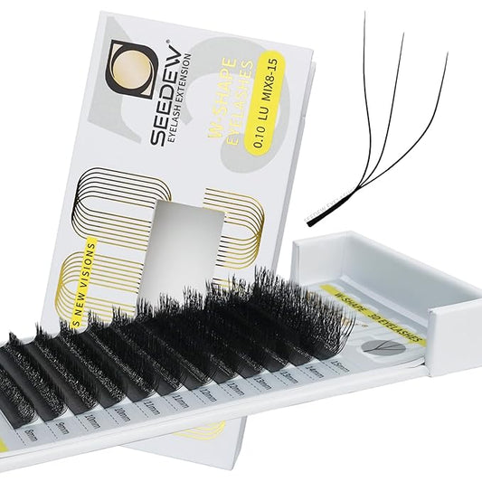 SEEDEW 3D Lash Extensions, 0.10mm LU/M Curl MIX8-15mm 12 Rows/Tray, W Shape Flat Stem, PBT Natural Eyelash Grafting for Beginner Artist, Lash Tech, Beauty Salon(3D-Matte Black-0.10-LU-MIX8-15mm)