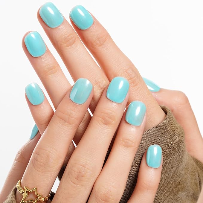 GLAMERMAID Pure Blue Chrome Extra Short Press on Nails, Glazed Handmade Light Blue Fake Nails Short Squoval, Mirror Powder Square Glue on Nails, Acrylic False Nails, Glossy Round Fake Nails for Women