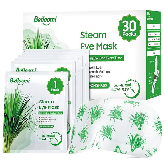 BeHoomi 30Packs Steam Eye Mask, Heated Eye Mask Warm Compress for Eyes, Self Heating Disposable Steam Mask for Home Sleep, Spa, Travel Essentials & Relaxation Gifts, Stocking Stuffers (Lemongrass)