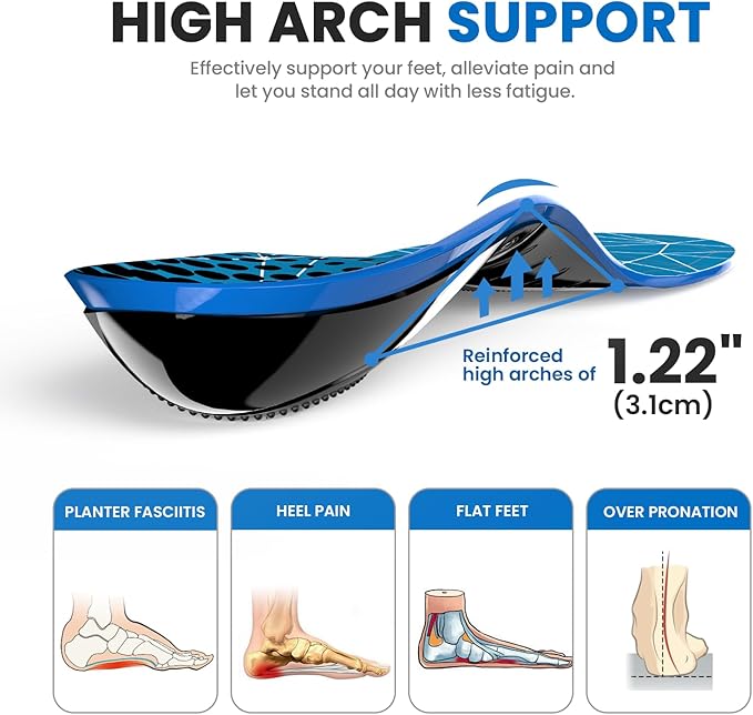 Plantar Fasciitis Arch Support Insoles - Welnove Heavy Duty High Arch Inserts Standing All Day, Fatigue Reduce - Orthotic Cushion for Foot Pain, Flat Feet, Heel Spurs, Man & Women, Fit Most Shoes (L)