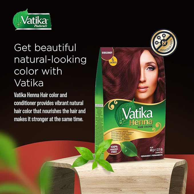 Vatika Naturals Permanent Hair Dye Burgundy – Ammonia-Free With Natural Henna, Grey Coverage, Nourishing Herbal Blend, Long-Lasting Hair Color for Soft, Shiny Results – 6 Sachets X 10g