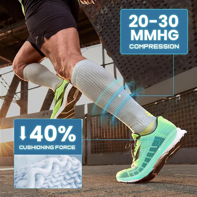 Rahhint Coolmax 20-30 mmHg Compression Running Socks, Long Distance Anti Blister Cushion Moisture Wicking Tall Athletic Socks