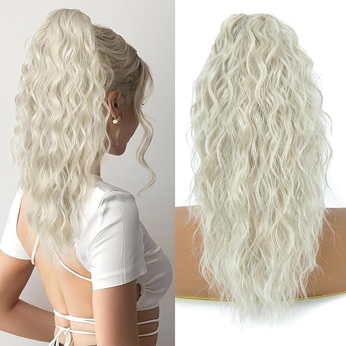 Ponytail Extension, Claw Clip on Pony tails Hair Extension for Women 18 Inch Long Wavy Curly Fake Ponytail Clip in Hair Pieces for Women Fluffy Natural Looking (Off-white, 18 Inch)