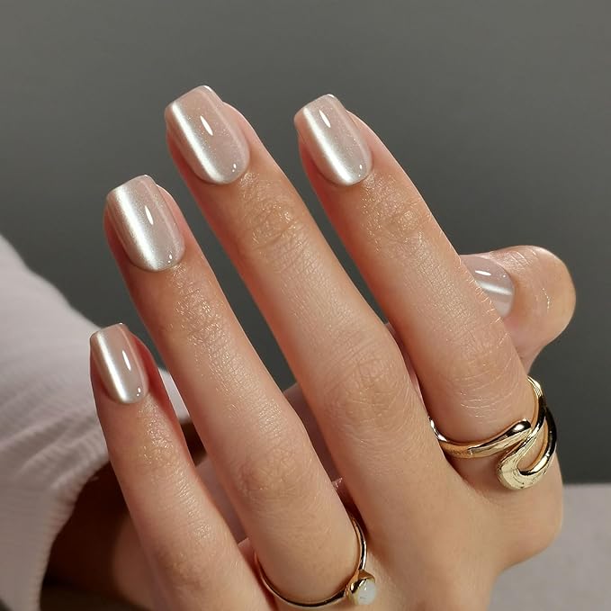 SHANGMENG Cat Eye Nude Press on Nails Square - Soft Gel Press on Nails Short for Women Gift, Fit Perfectly & Natural Stick on Nails with Glue in 16 Sizes - 32 Reusable Fake Nails, Light Nude