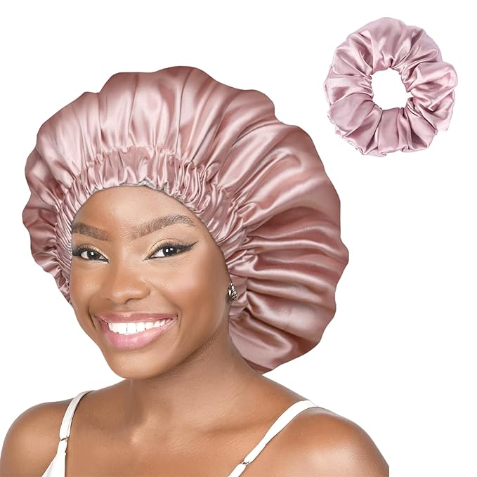 WIGI 100% Silk Satin, Double-Layer, Silk Bonnet for Sleeping Satin Bonnet with Scrunchie Gift, Breathable & Adjustable