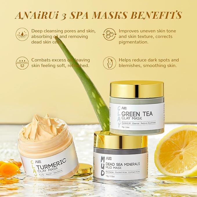 ANAI RUI 3Pack Face Mask Gift Set, Turmeric Clay Mask - Green Tea Mask - Dead Sea Minerals Mud Mask, Spa Gift Set Self Care Valentines Day Gifts for Women 2.5 oz Each
