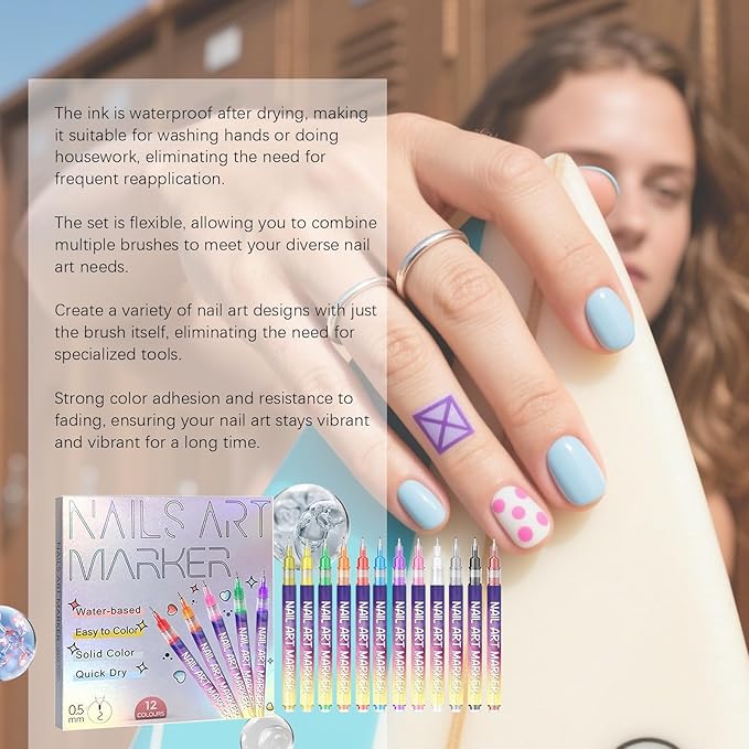 12 Colors Nail Art Pens Set,0.5mm Fine Tip Nail Polish Pens Set,Quick-dry Waterproof Drawing Painting Pens,Portable Upgrade Nail Art Tools for Home Salon and DIY Nail Art Design