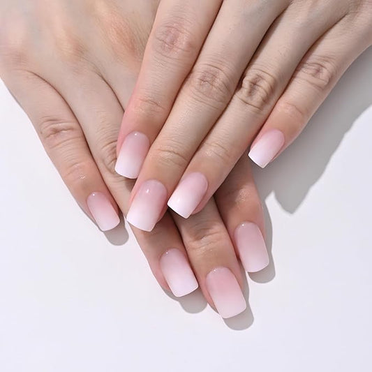 XZMeiLun Light Pink Ombre Press On Nails Short Square, Gradient French Tip Designer Fake Nail Reusable Real Acrylic Nails for Women, Glossy Soft Gel False Nail with Glue On Nails,Wedding Stick On Nail