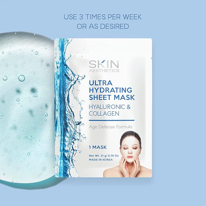 Skin Aesthetics Hyaluronic & Collagen Sheet Face Mask - Skin Firming, Anti-Aging, Moisturizing & Plumping - Dermatologist Tested Korean Skincare - Clean Beauty, Cruelty-Free - 5 Masks