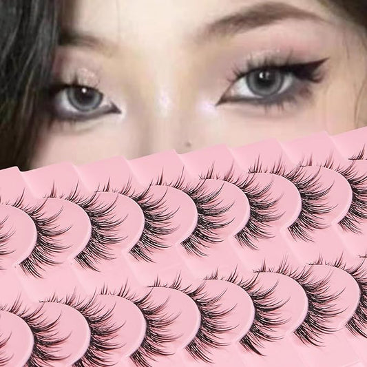 outopen 10 Pairs Manga Lashes Natural Look False Eyelashes Wispy Spiky Anime Lashes Korean Japanese Asian Style Cosplay Fake Eyelashes with Clear Band