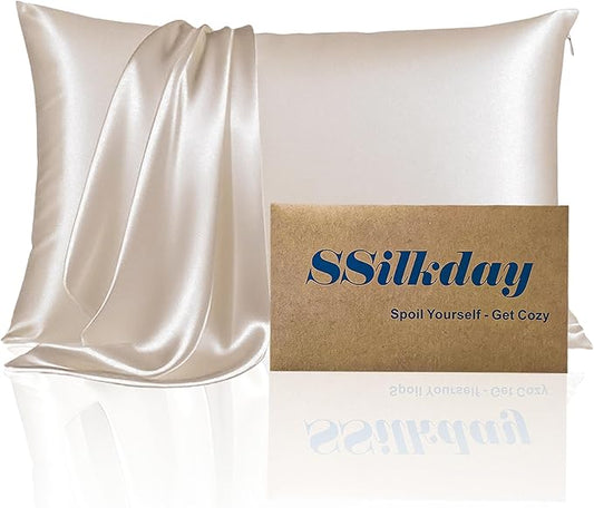 Mulberry Silk Pillow Cases with Zipper, Ultra Smooth Soft Breathable Cooling Pillow Cases for Hot Sleepers, Silk Satin Pillowcase for Hair and Skin, Gifts for Women (Beige, Standard Size, 1 Pack)
