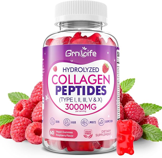 Collagen Gummies for Women & Men Sugar-Free, Hydrolyzed Collagen Peptides with Antioxidant Blend & Digestive Enzymes, Multi Collagen (Type I,II,III,V,X) for Skin Hair Nails, Raspberry Flavor, 60 Count