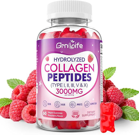 Collagen Gummies for Women & Men Sugar-Free, Hydrolyzed Collagen Peptides with Antioxidant Blend & Digestive Enzymes, Multi Collagen (Type I,II,III,V,X) for Skin Hair Nails, Raspberry Flavor, 60 Count